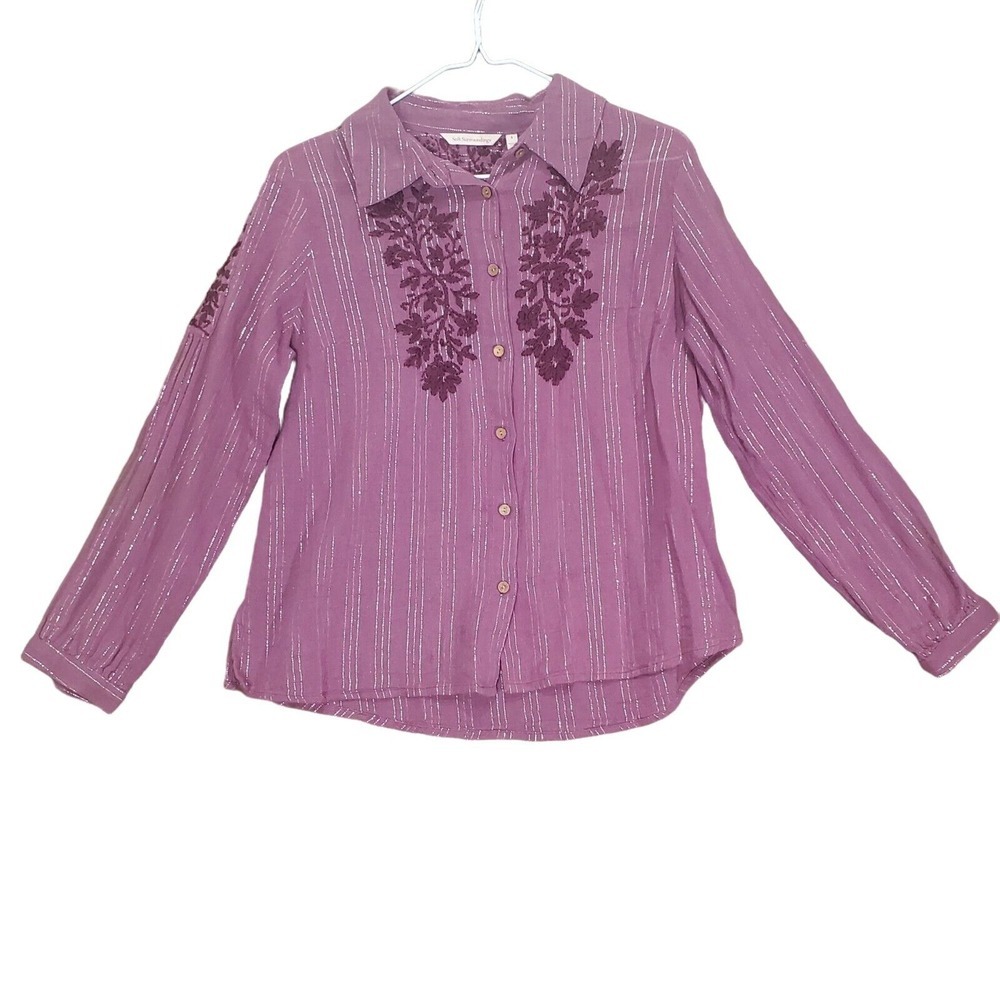 Soft Surroundings Embroidered Button-Up Top Striped Long Sleeve Purple Womens S